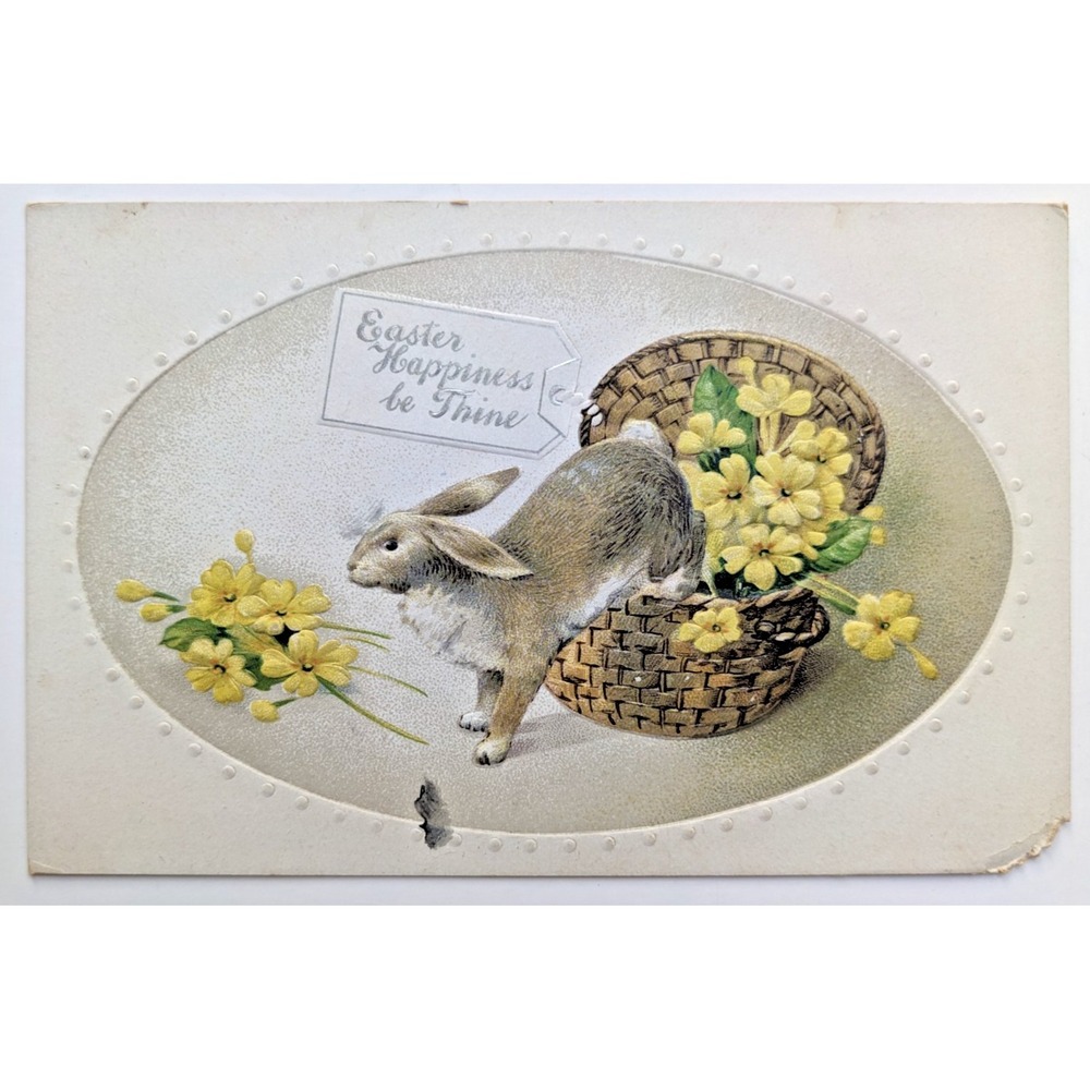 Antique Embossed Easter Postcard Rabbit Basket‎ of Yellow Flowers B.B. London